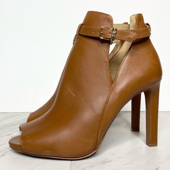 Michael Kors Lawson Open Toe Brown Leather Heeled Bootie 9M - Picture 1 of 16